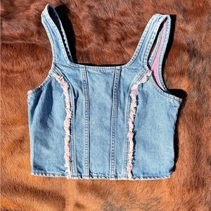 Lee Blue and Pink Denim Frayed Crop Top